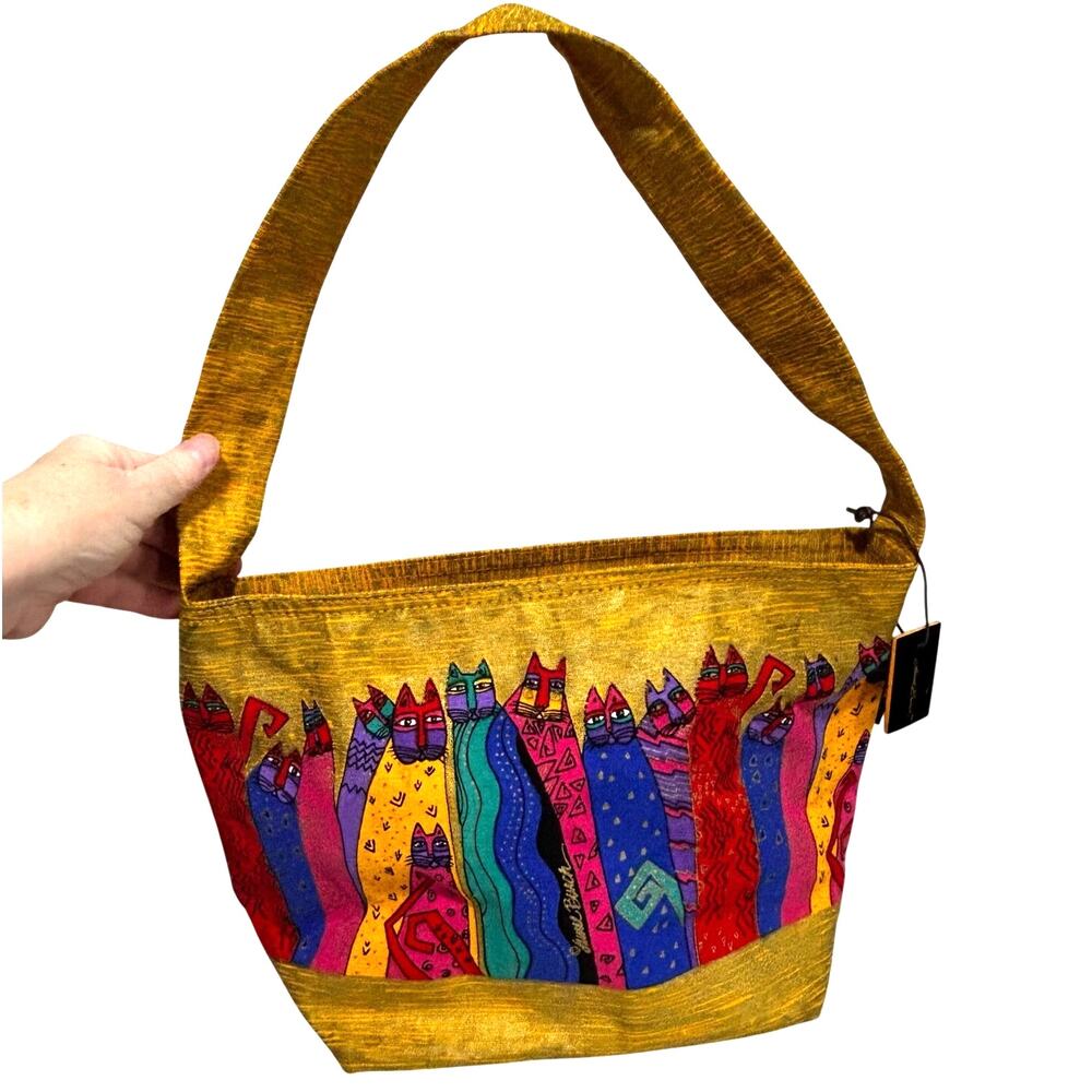 Laurel Burch cats tote bag insulated purse gold canvas colorful zip top designer